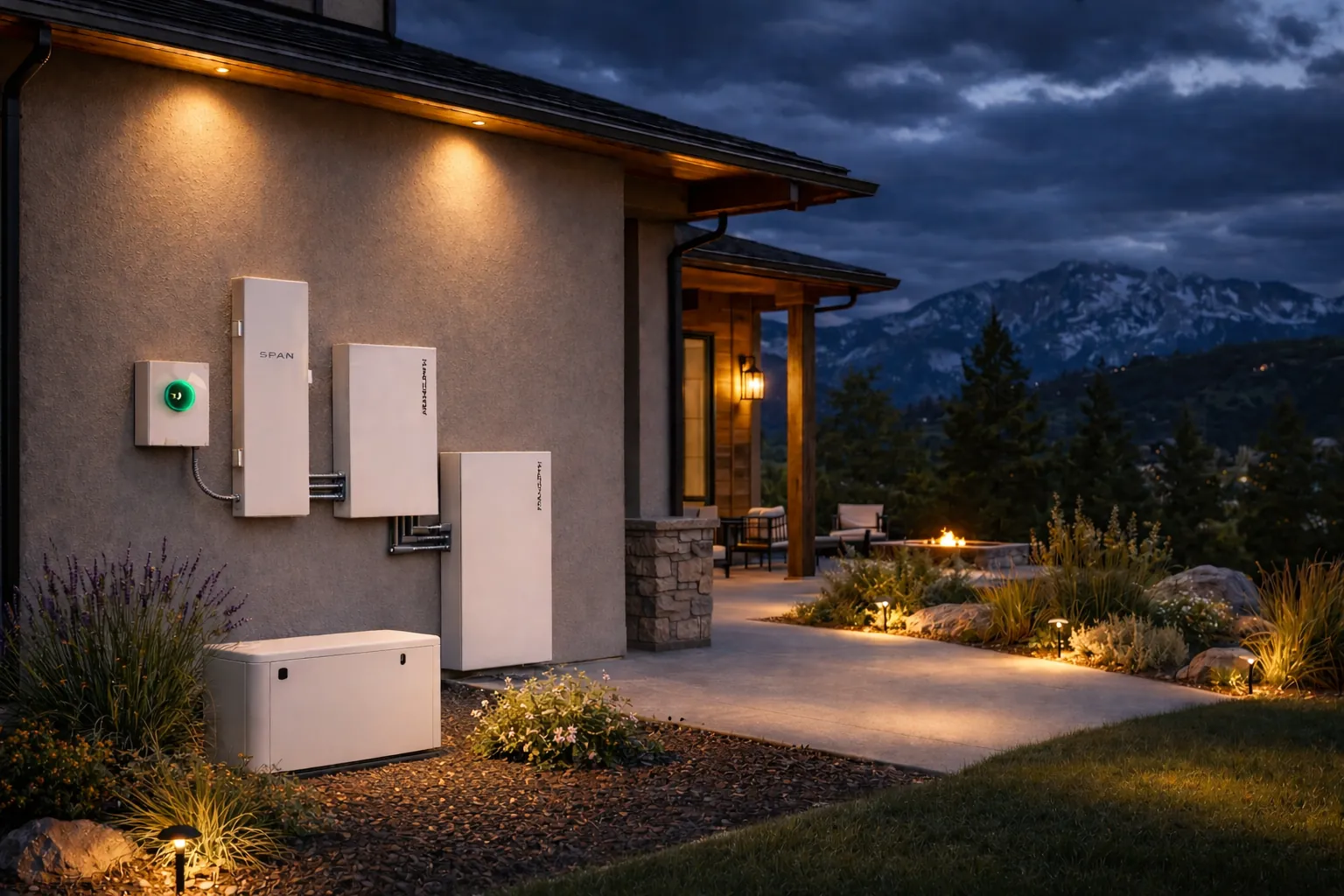 Home battery wall system and standby generator on a Colorado home at dusk, mountains behind